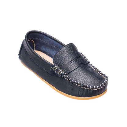 Navy blue toddler loafer with textured leather upper and beige sole detailing.