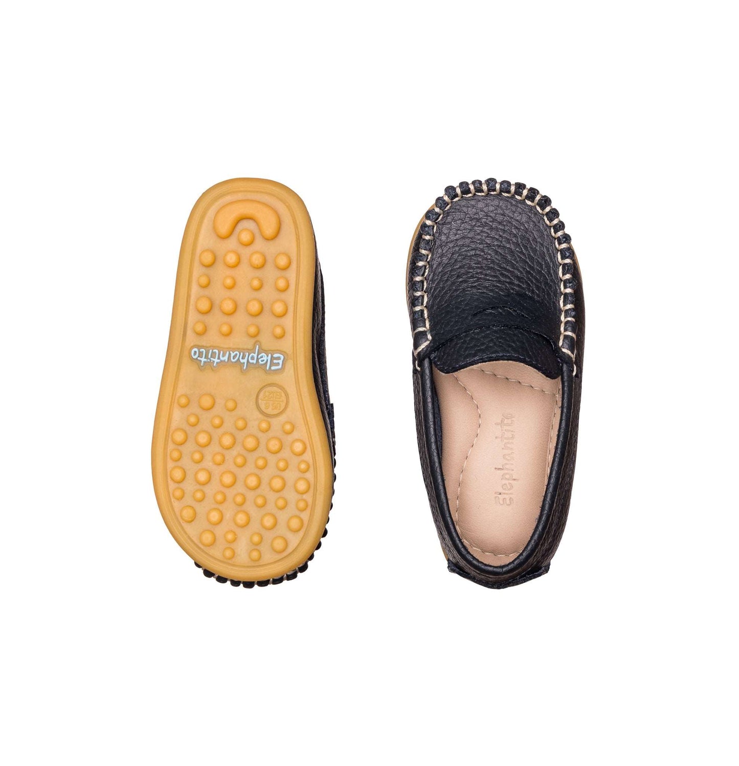 Toddlers blue leather moccasin shoe with stitched trim and textured rubber sole.