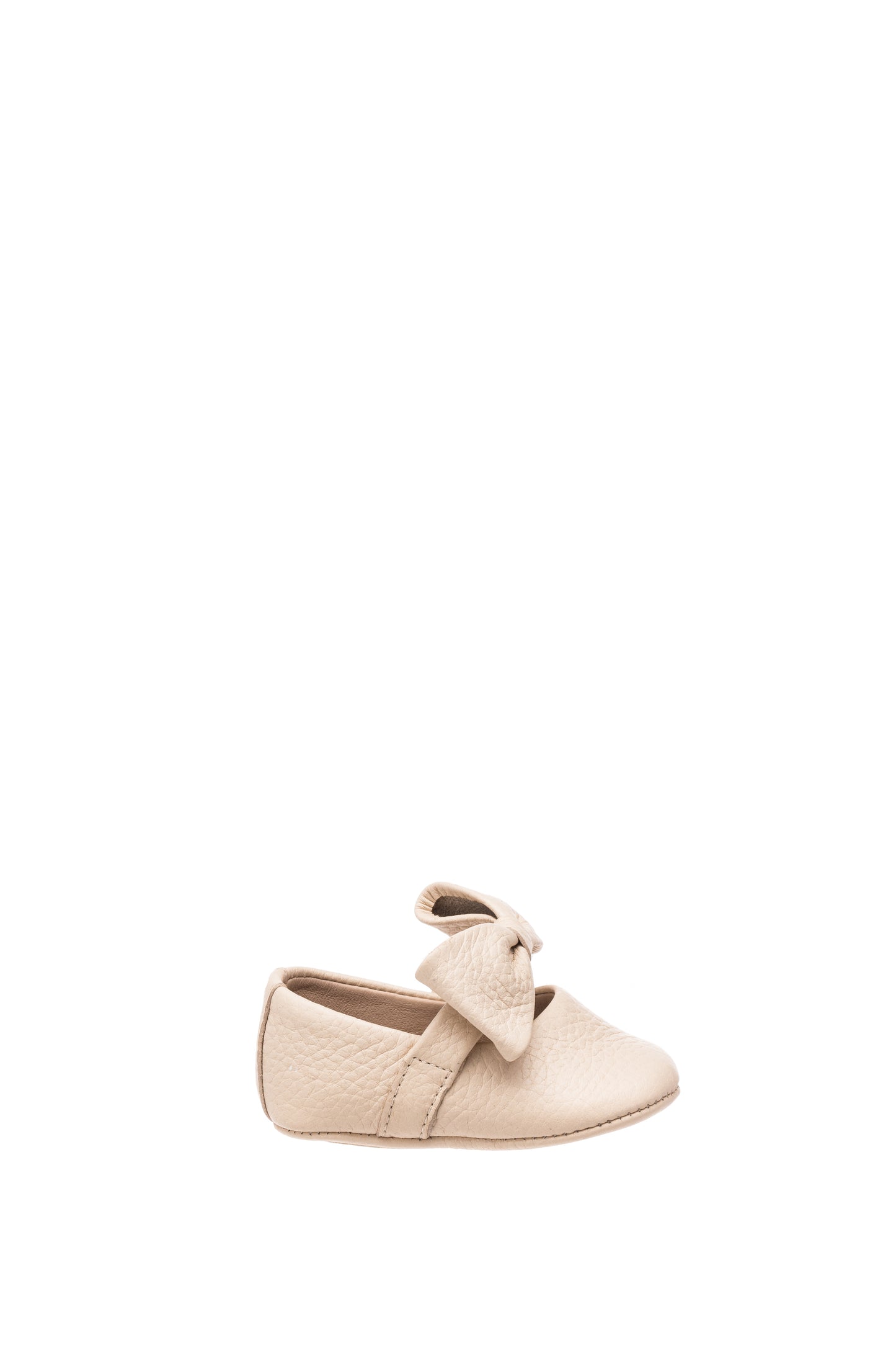 Cream-colored baby ballerina shoe with soft fabric bow and rounded toe.