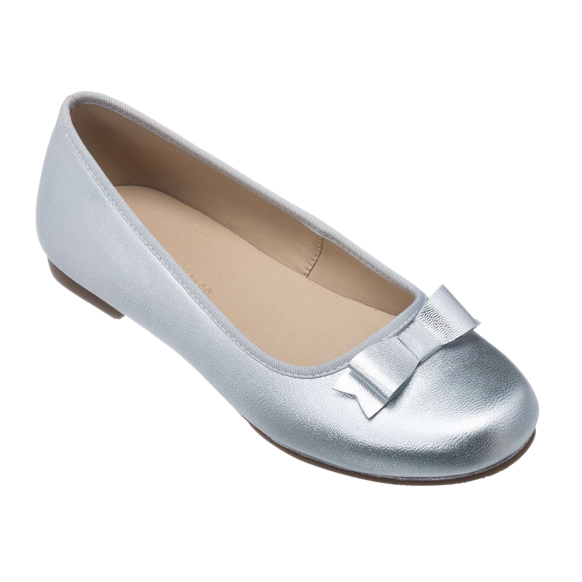 Silver toddler flat with rounded toe and small decorative bow on vamp.