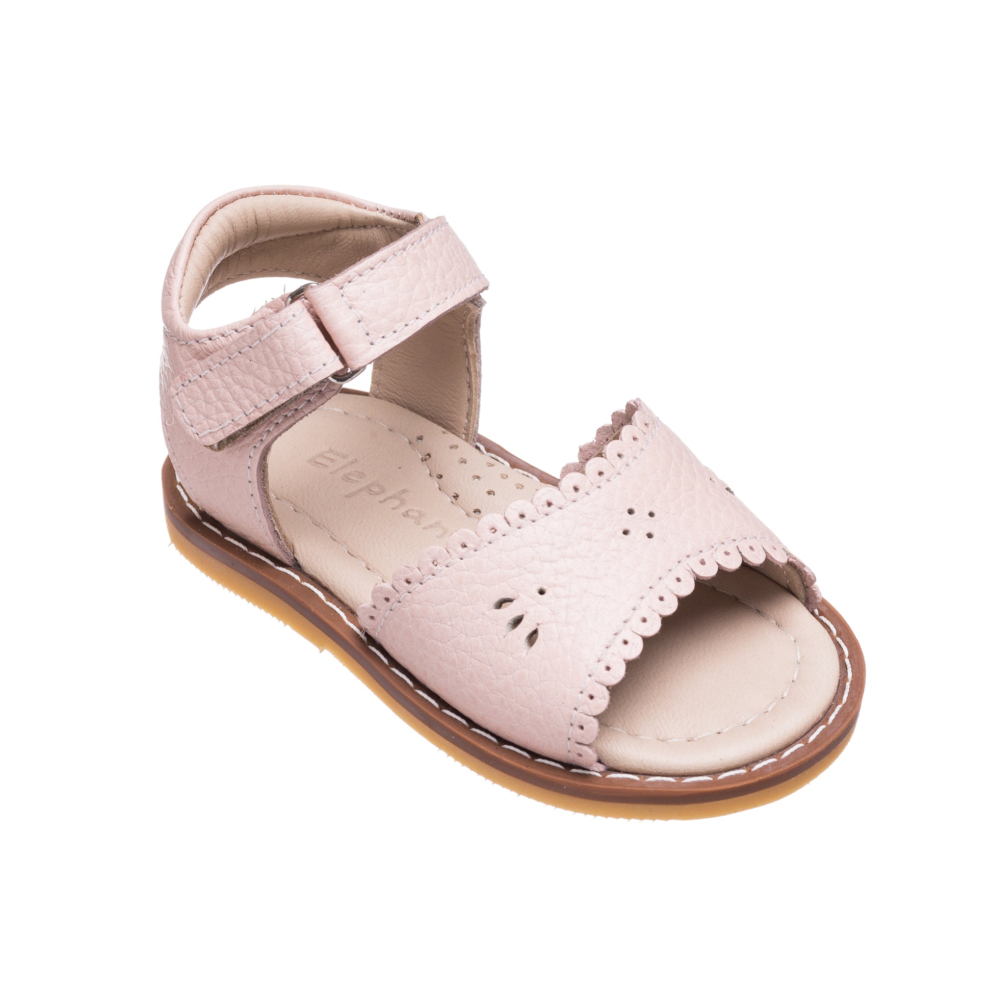 Pink leather toddler sandal with scalloped edges and ankle strap closure.