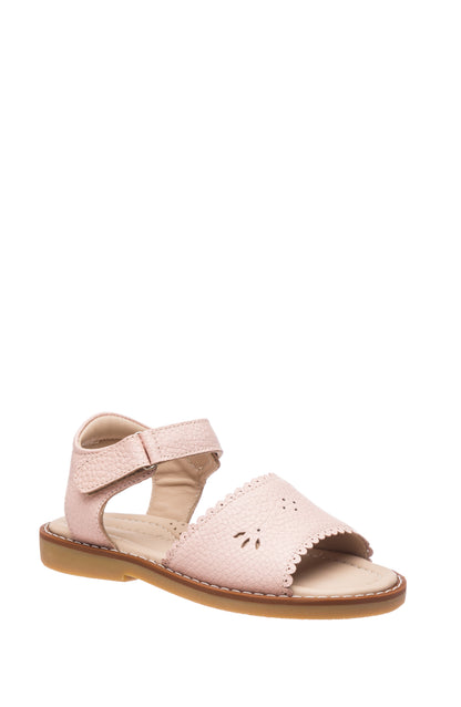 Pink toddler sandal with scalloped edge, perforated floral design, and Velcro ankle strap.