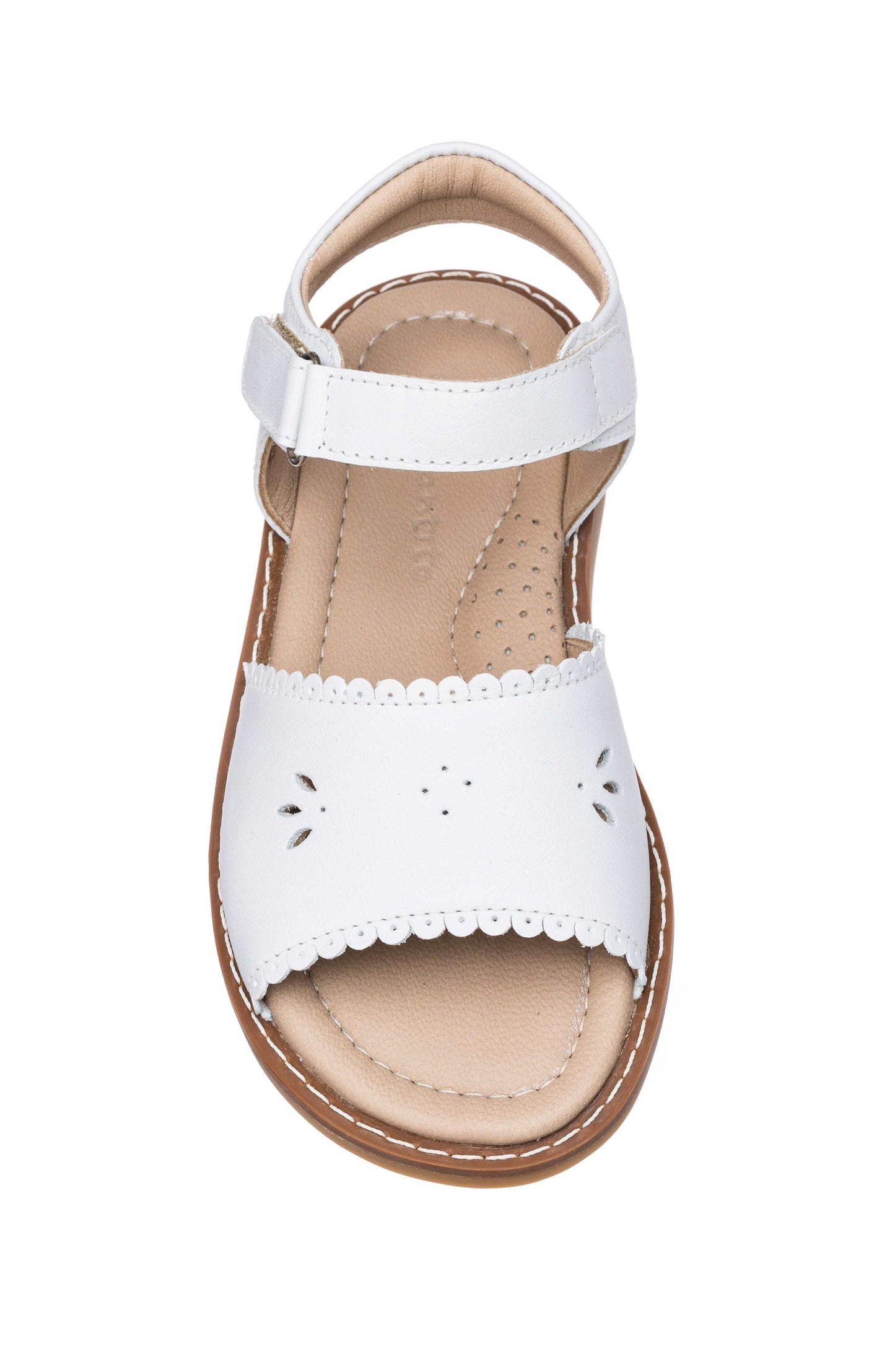 White leather toddler sandal with scalloped edges and floral cutout details.