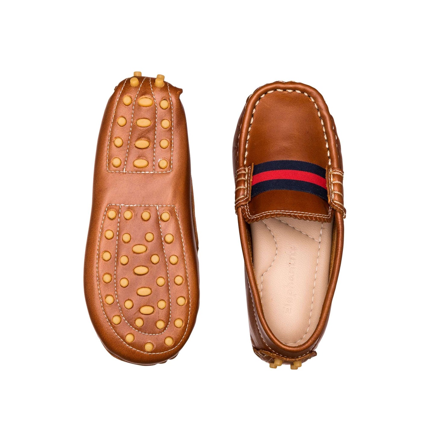 Natural brown leather baby loafer with navy and red striped fabric band and rubber pebble sole.