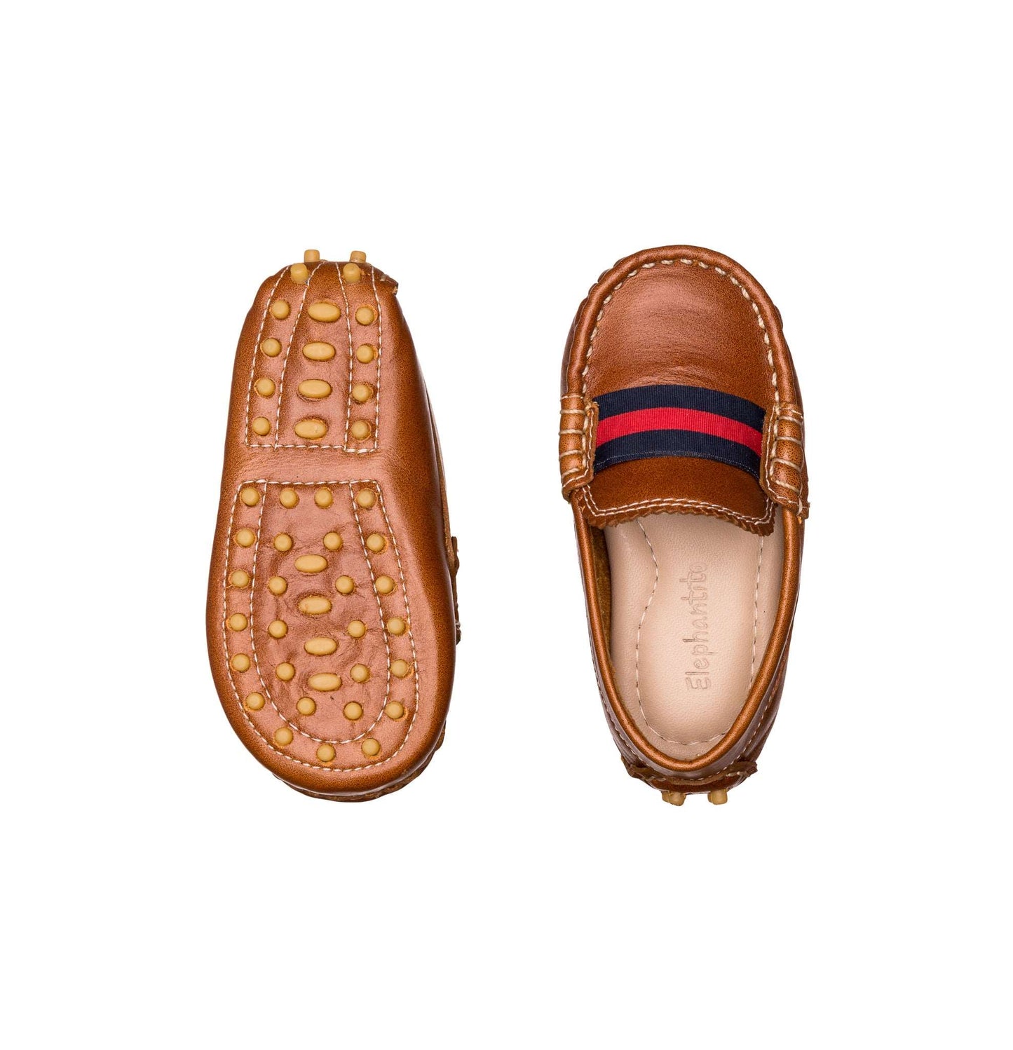 Natural brown toddler loafer with striped navy and red band and rubber nubs sole.
