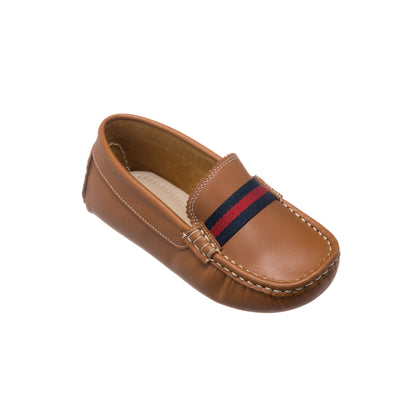 Natural brown toddler loafer with stitched detailing and navy-red striped elastic band.