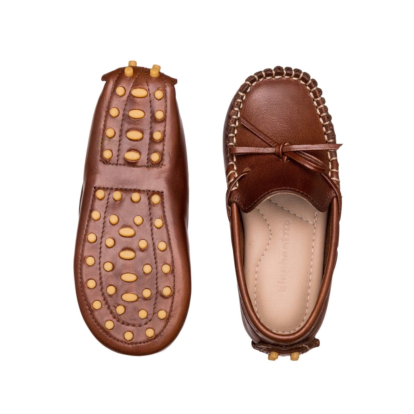 Brown leather boys' driver loafers with moccasin stitching and rubber pebble sole detailing.