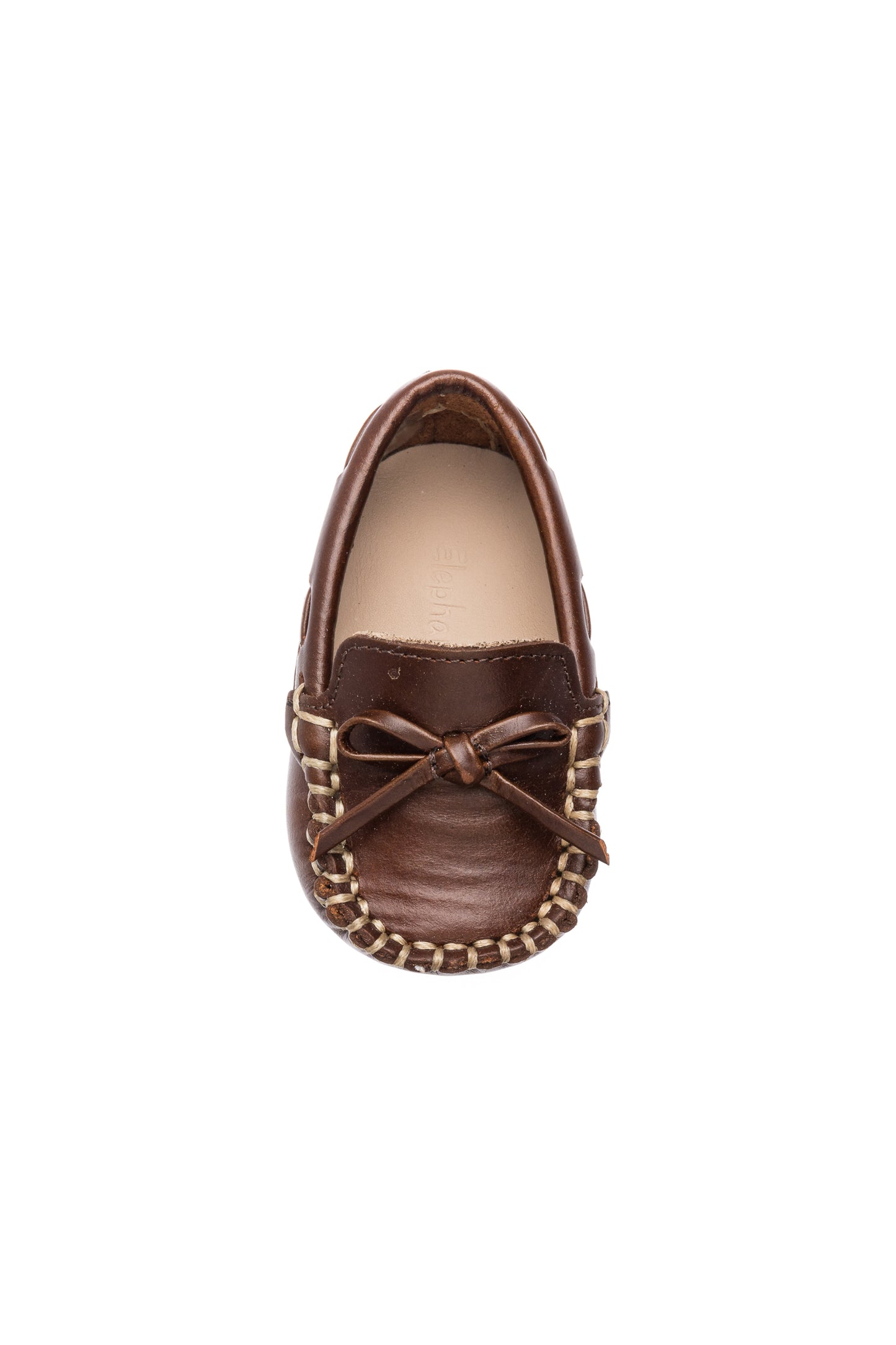 Brown leather baby driver loafer with stitched toe and tied lace bow.
