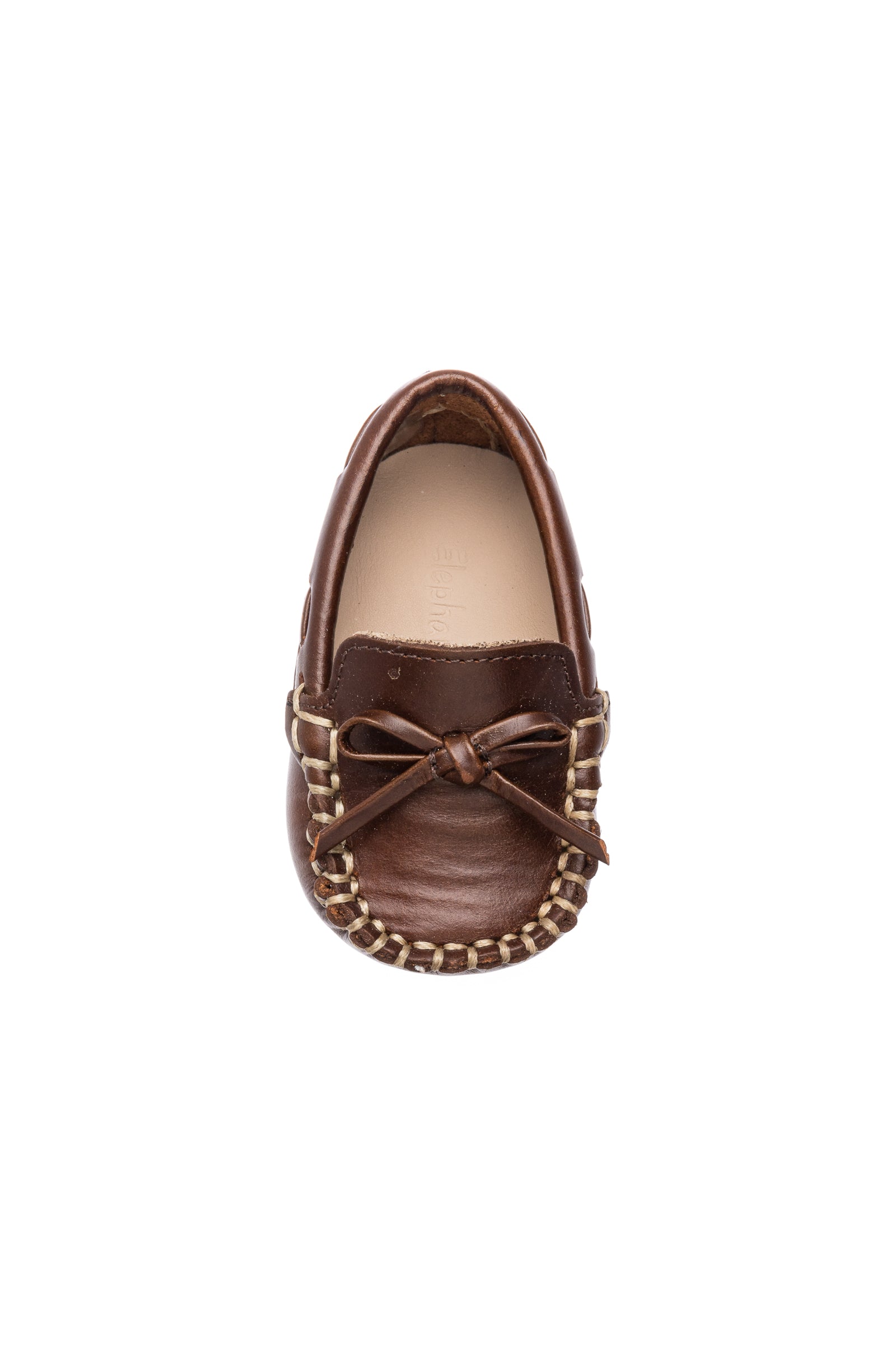 Brown leather baby driver loafer with stitched toe and tied lace bow.