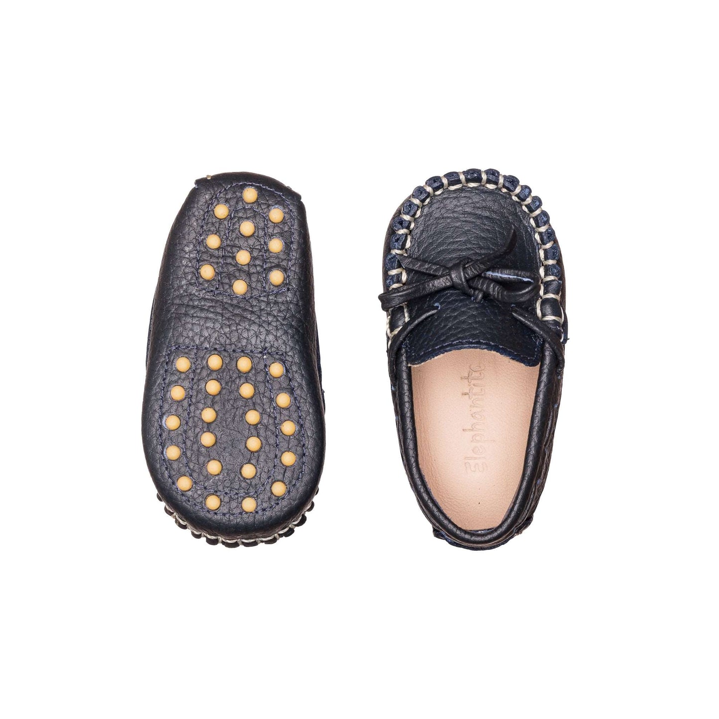 Baby navy blue leather driver loafers with stitched detailing and rubber sole grips.