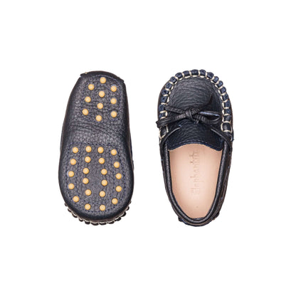 Baby navy blue leather driver loafers with stitched detailing and rubber sole grips.