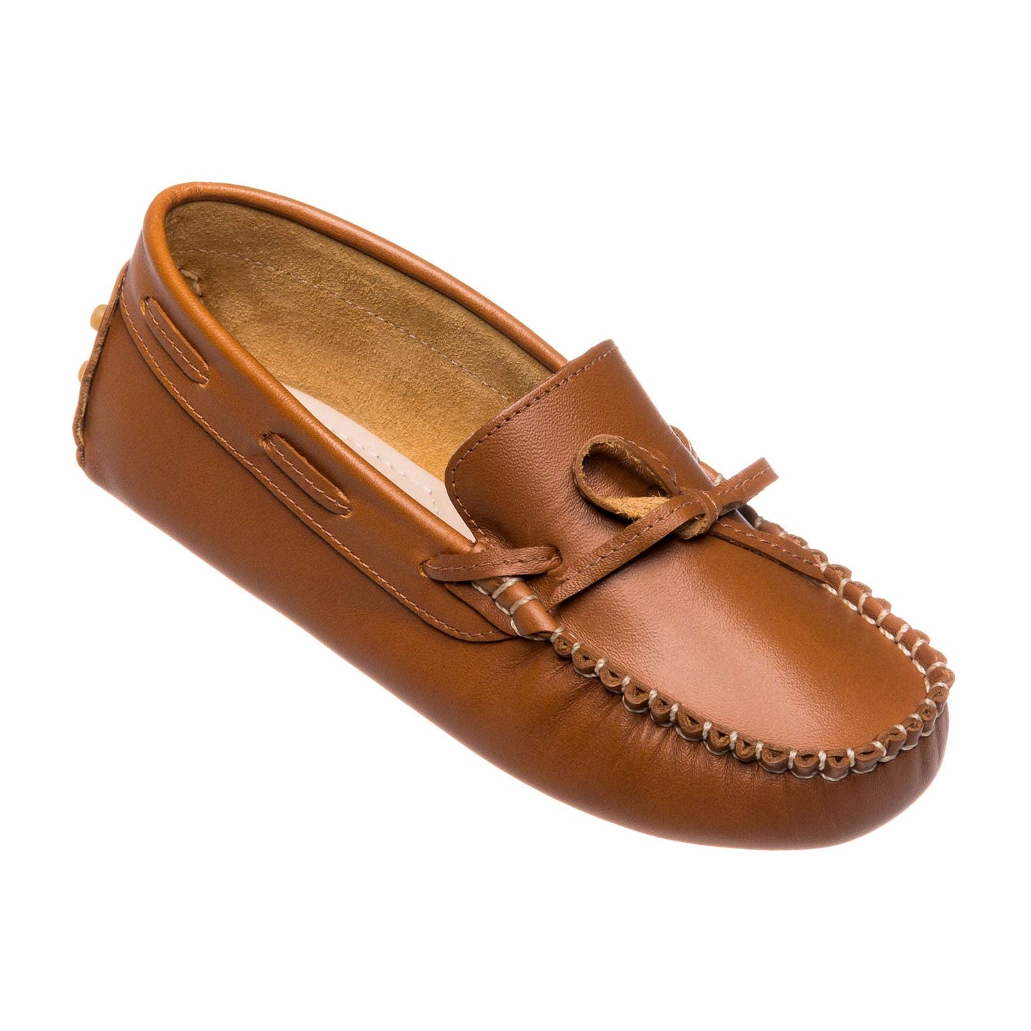 Brown leather boys driver loafer with moccasin stitching and front lace detail.