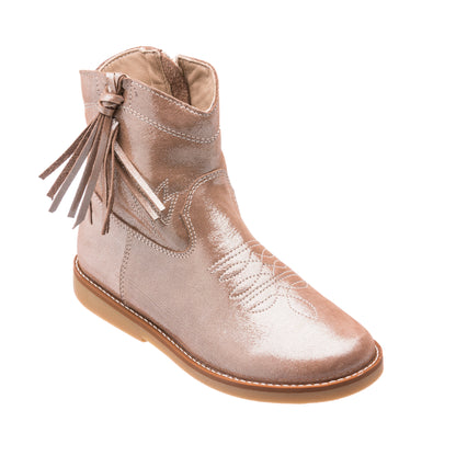 Metallic blush suede toddler boot with tassel detail and stitched upper design.