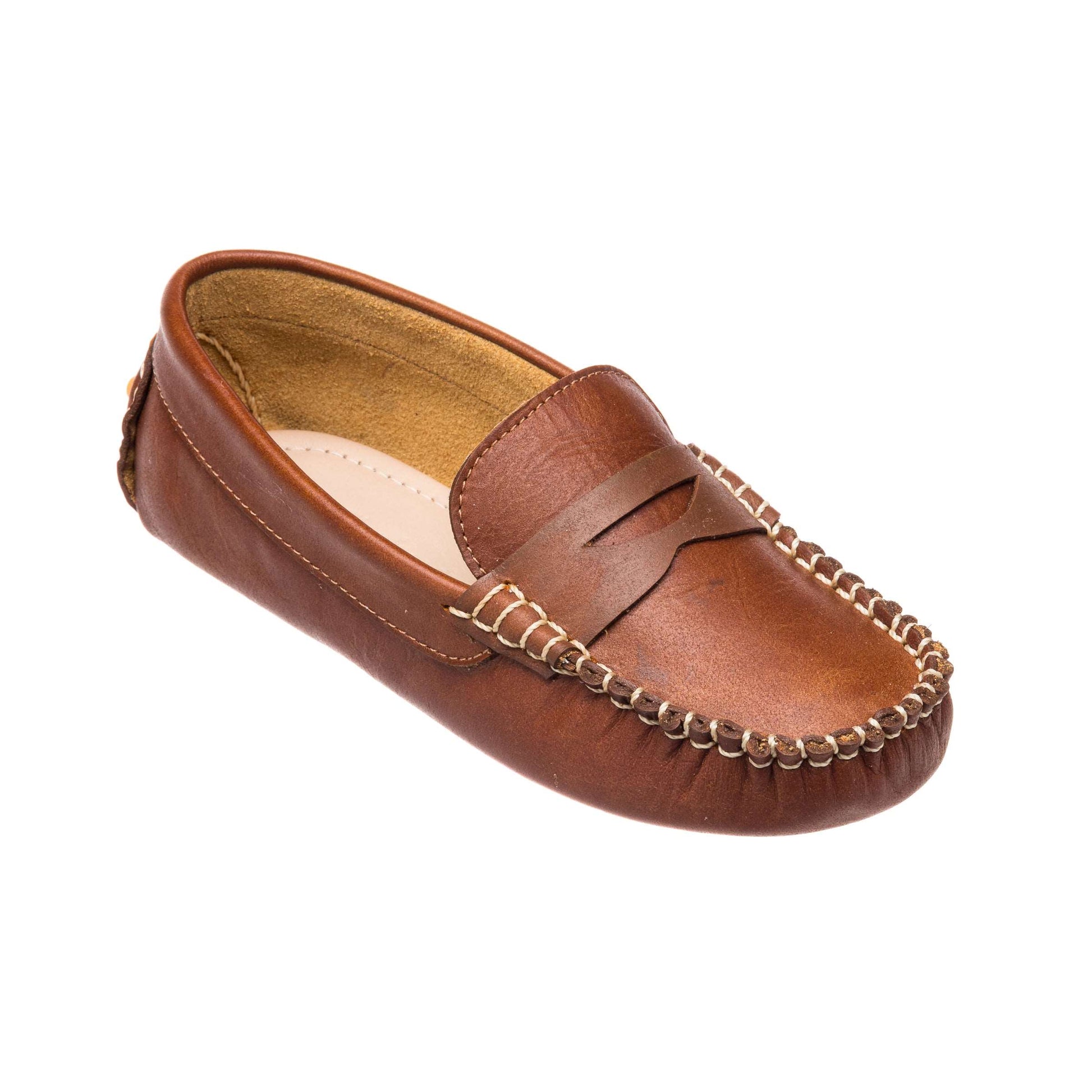 Natural brown leather boys loafer with stitched moccasin toe and penny strap detail.