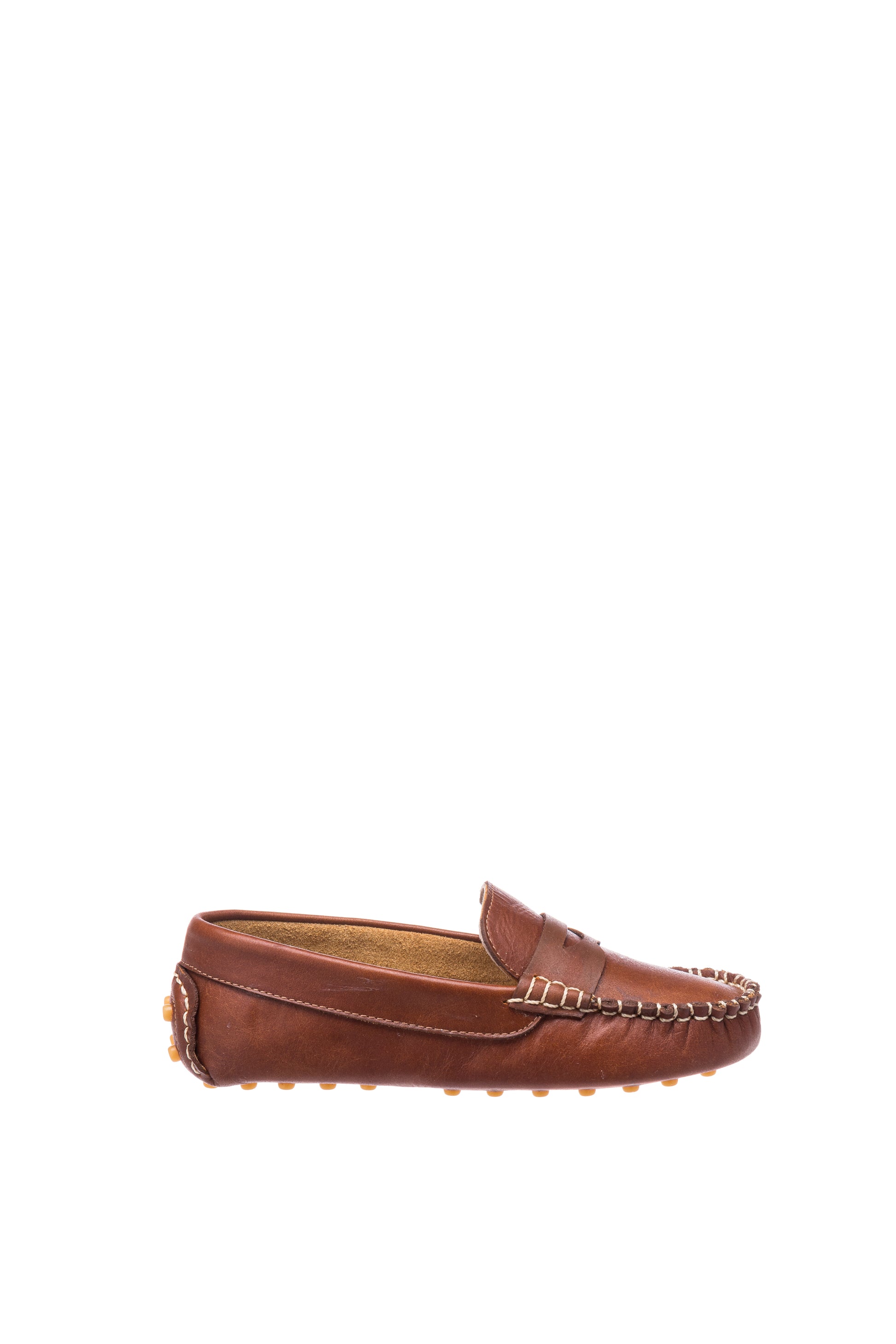 Natural brown leather boys' loafer with moccasin stitching and rubber sole grips.