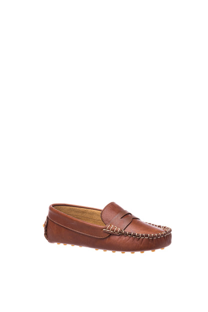 Natural brown leather boys loafer with moccasin-style stitching and rubber sole.