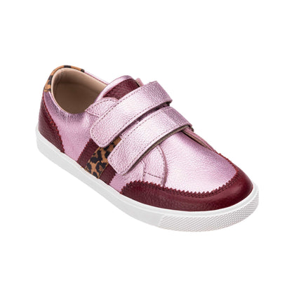 Metallic carnation pink kids' sneaker with velcro straps, burgundy trims, and leopard print accents.