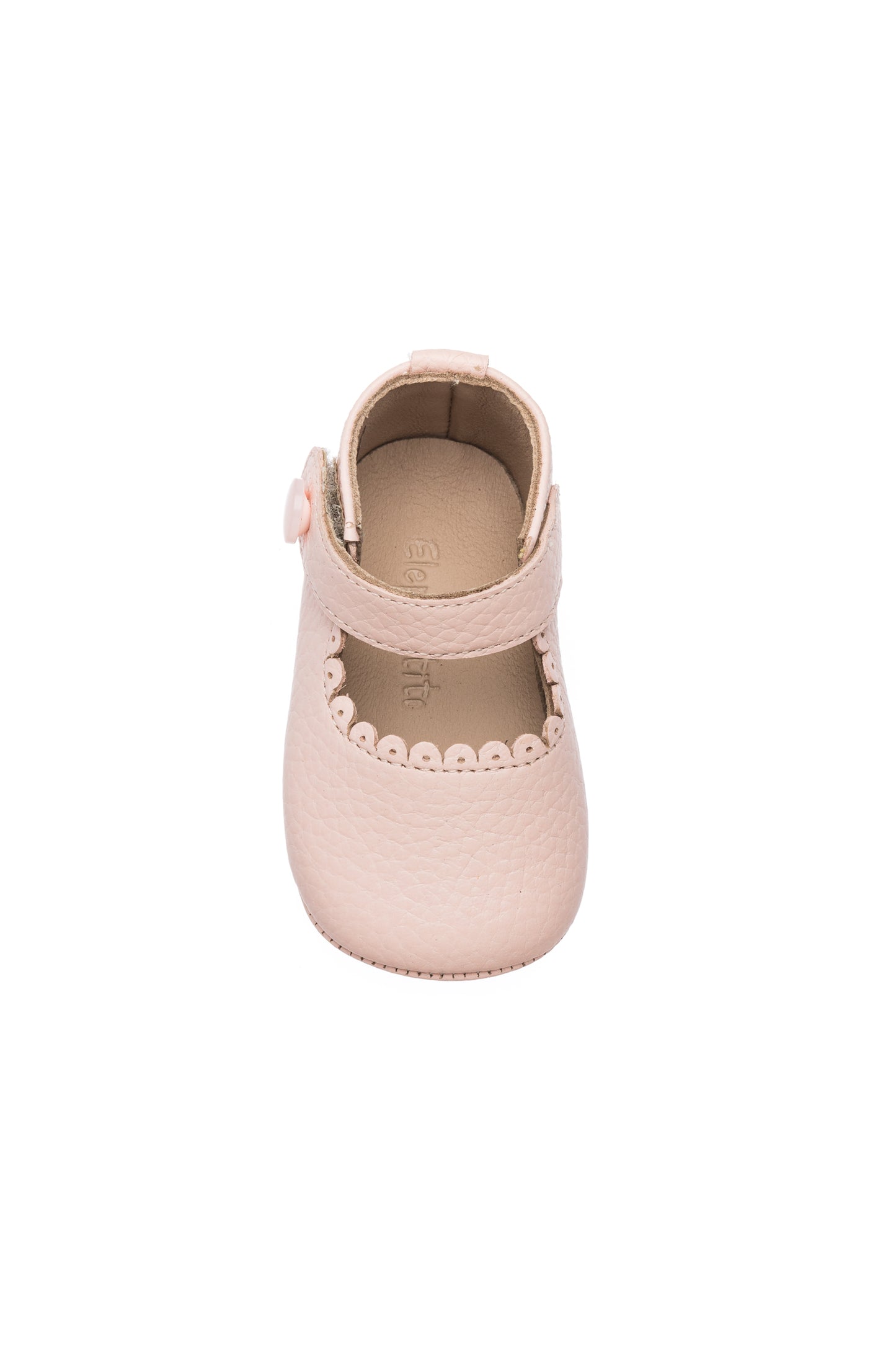 Pink baby Mary Jane shoe with scalloped edges and a side button strap.