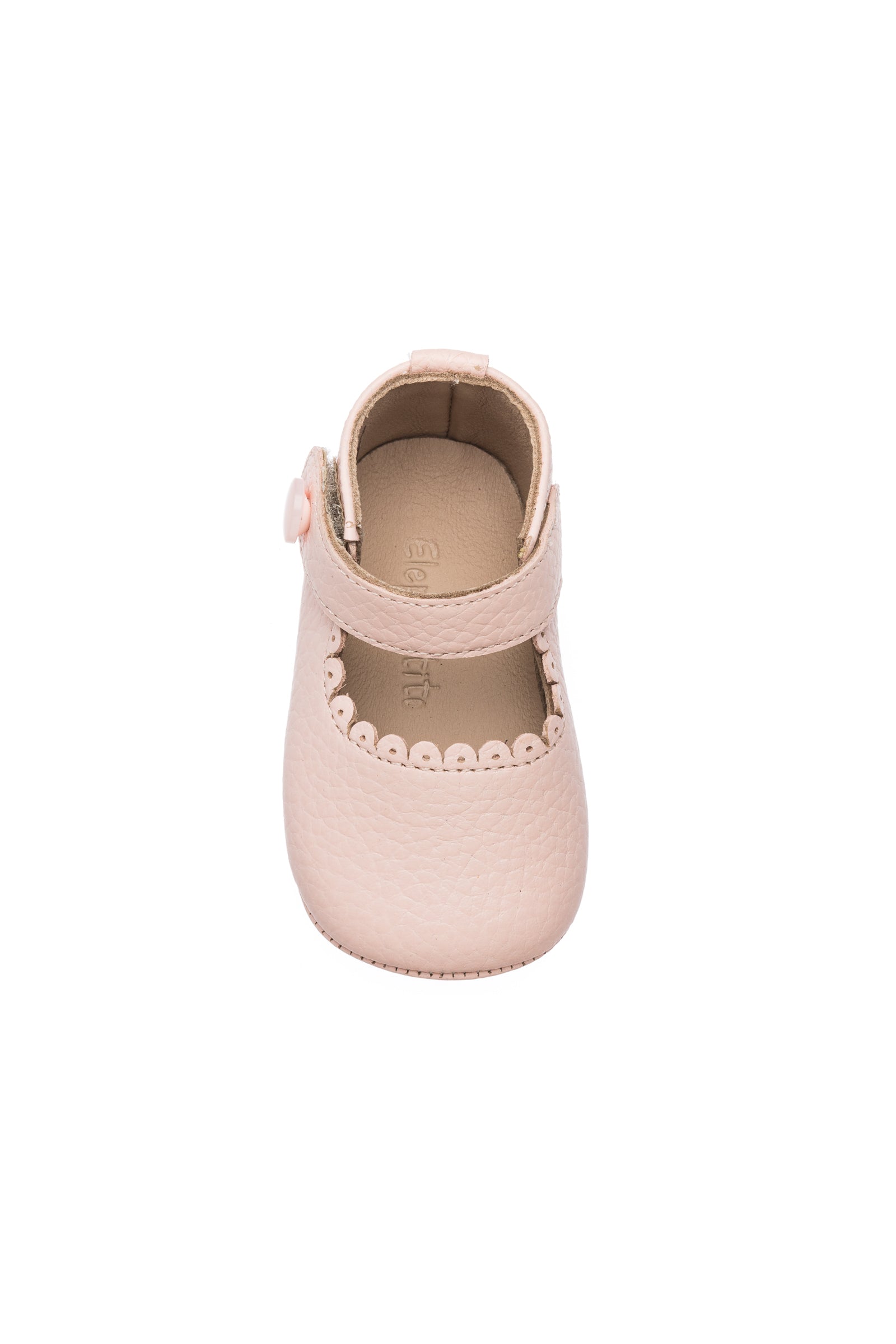 Pink baby Mary Jane shoe with scalloped edges and a side button strap.