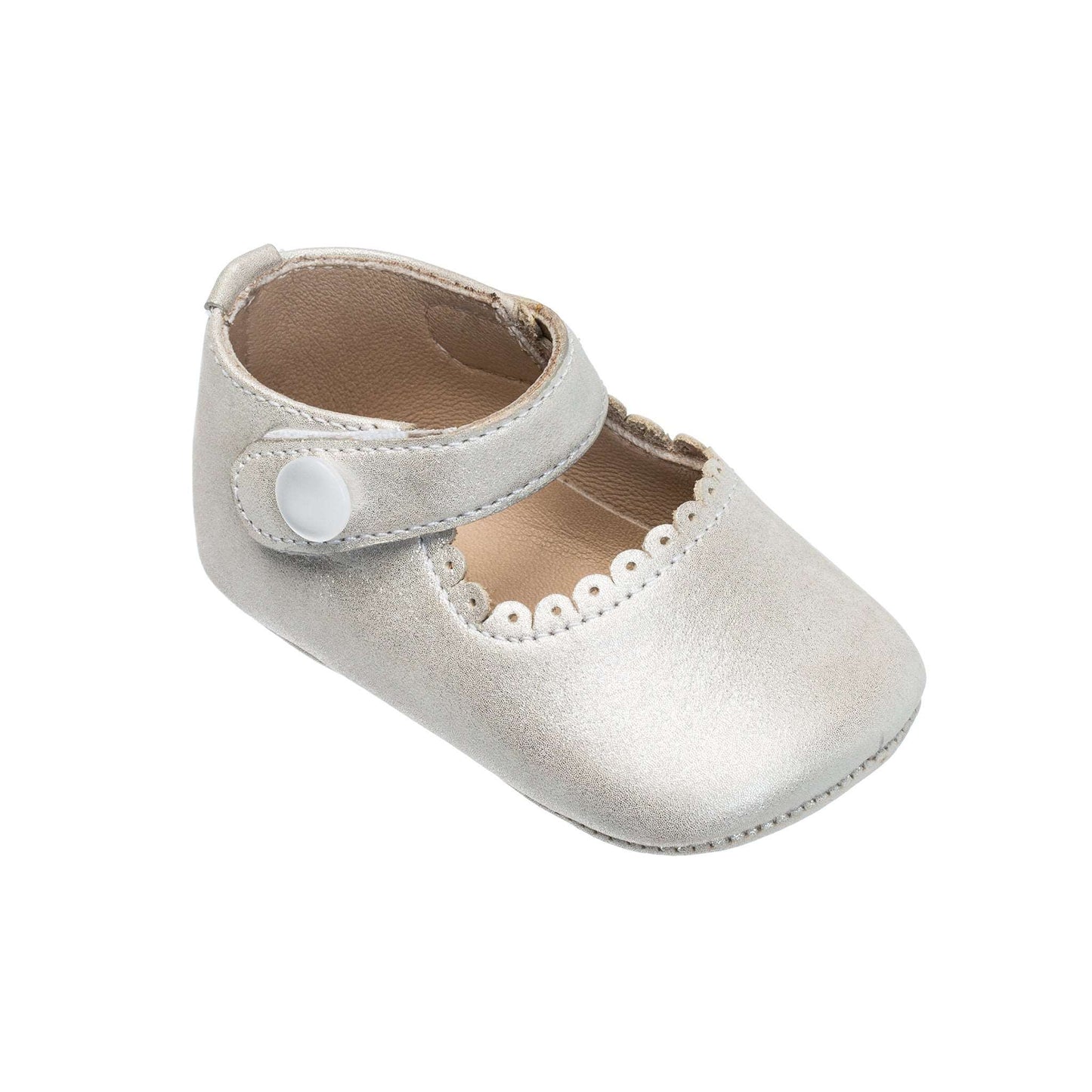 Silver baby Mary Jane shoe with scalloped trim and velcro strap closure.