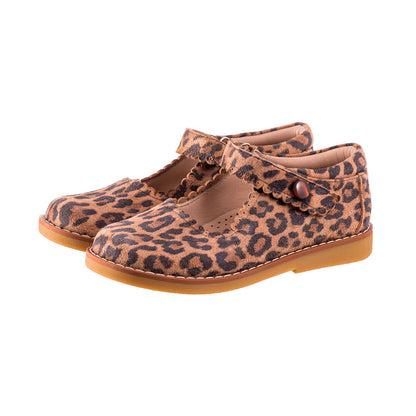 Girls' leopard print Mary Jane shoes with button strap and tan sole.