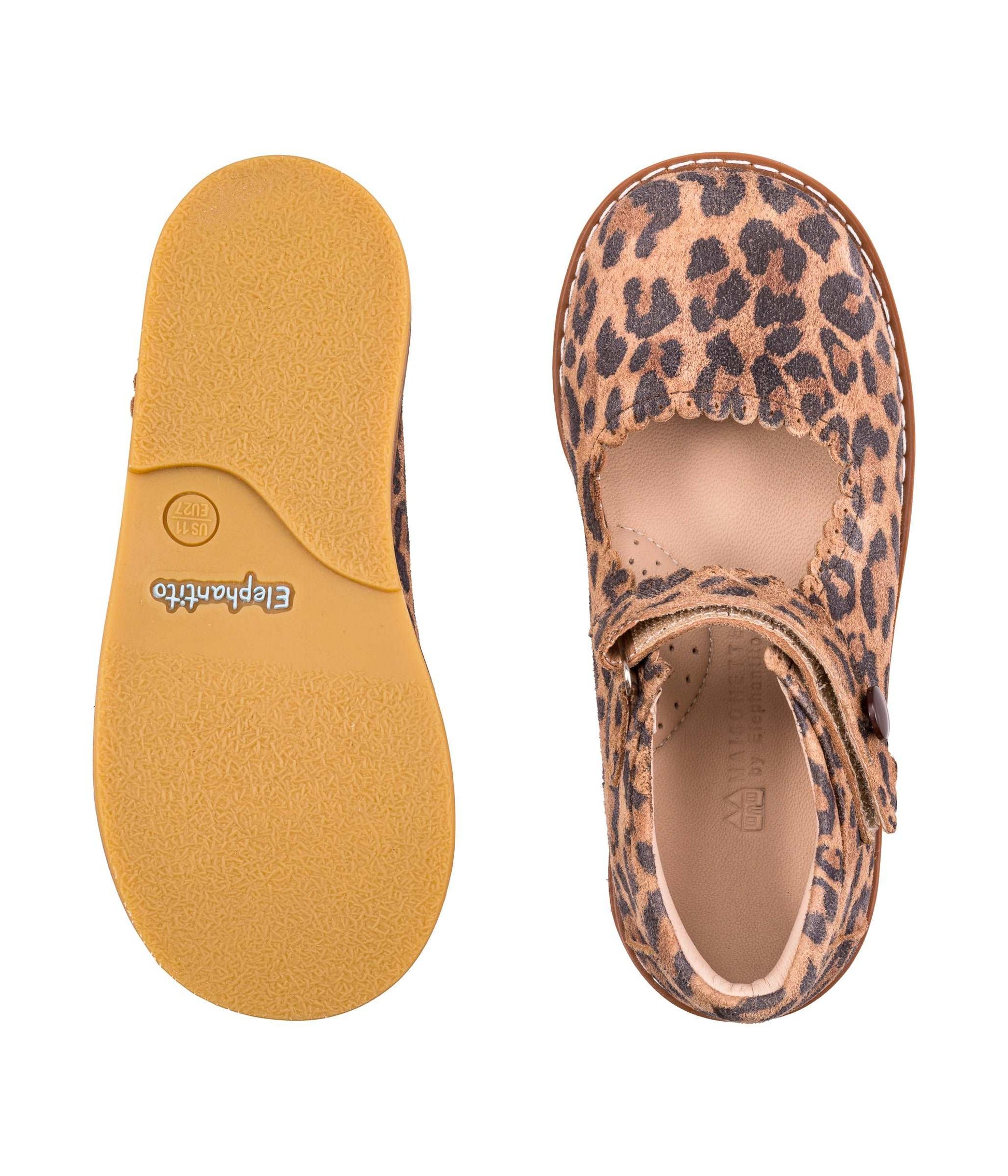 Girls leopard print Mary Jane shoe with tan rubber sole and adjustable strap.