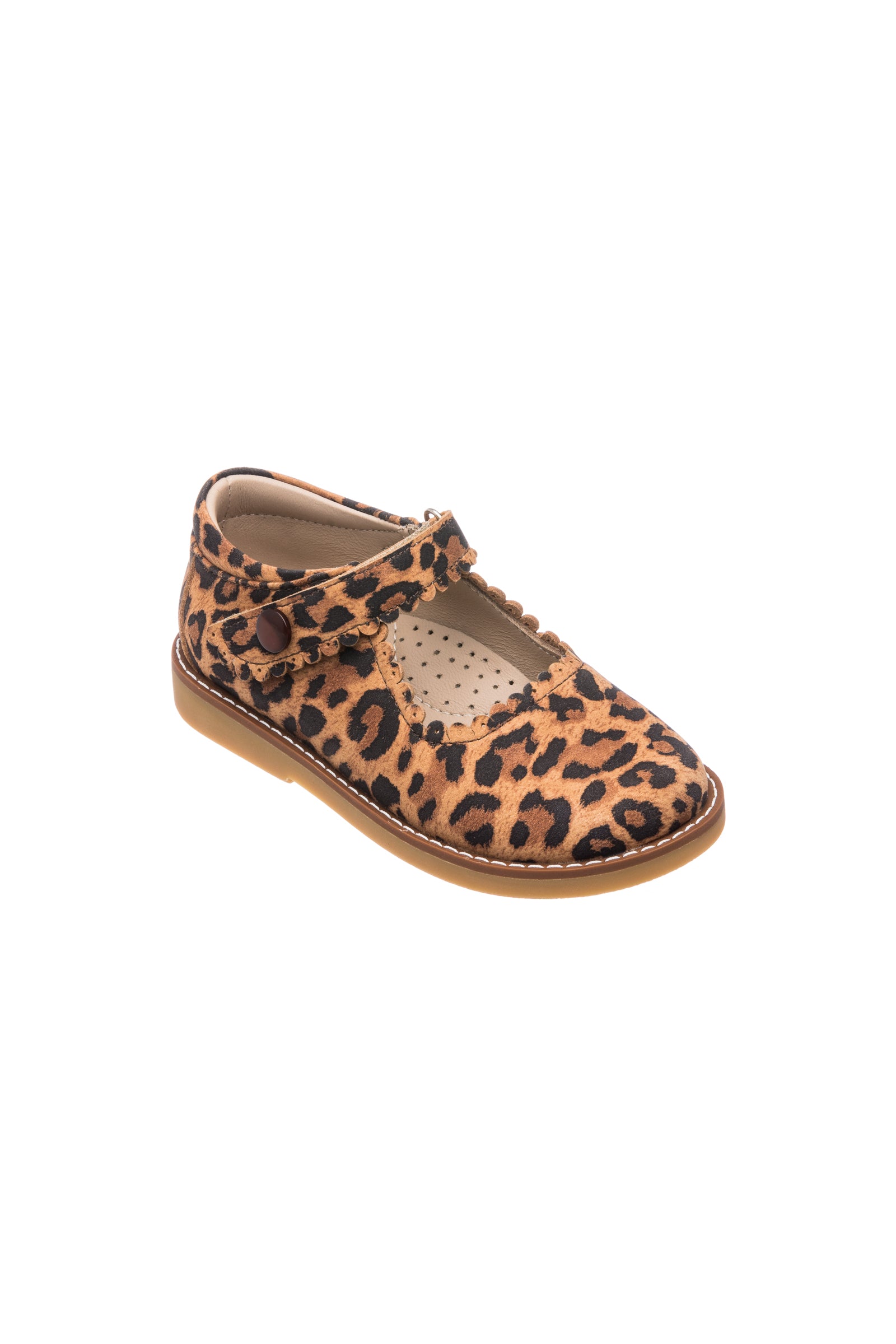 Girls' Mary Jane shoe with leopard print, adjustable strap, and brown sole.
