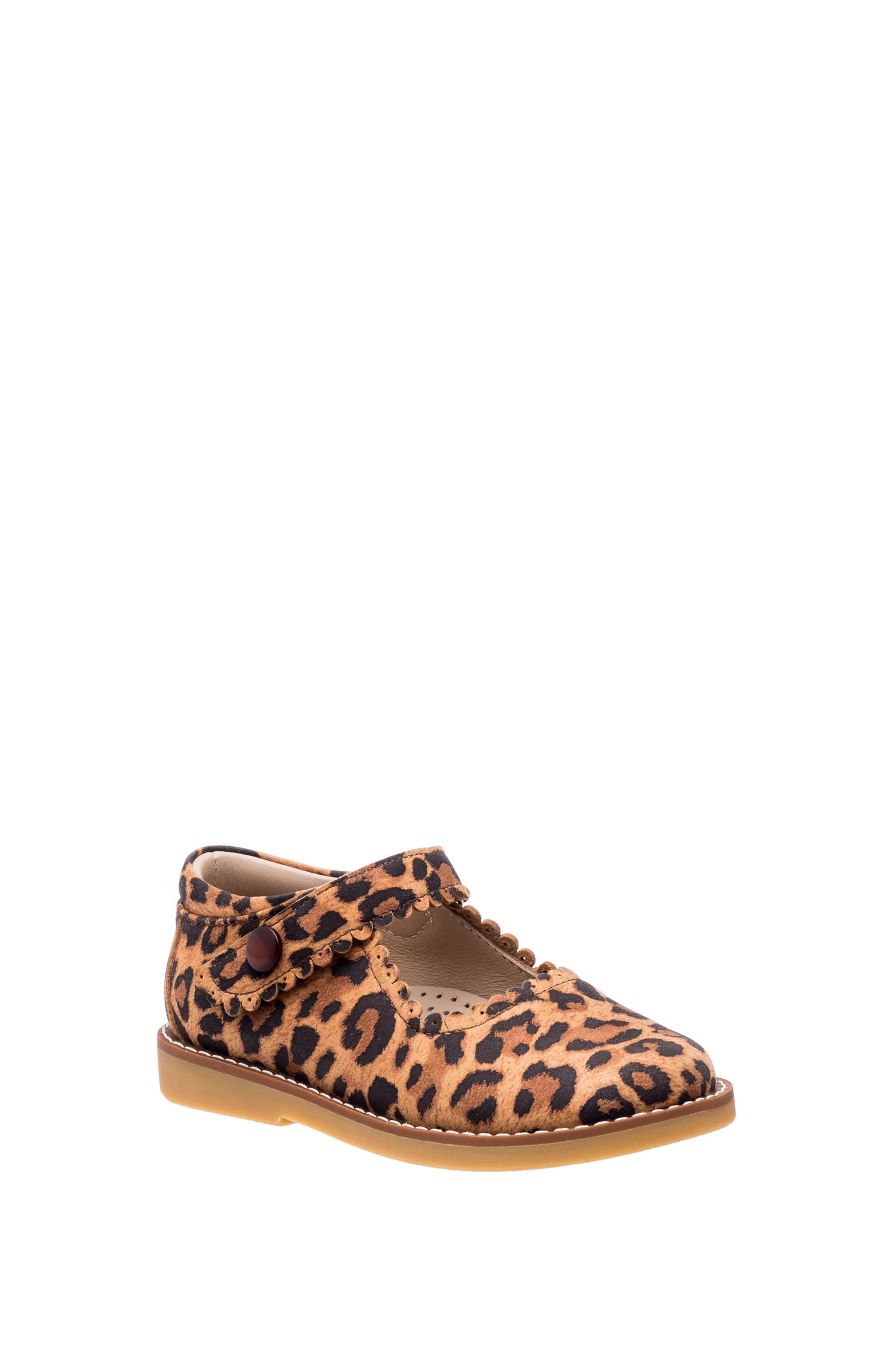 Girls leopard print Mary Jane shoe with T-strap and tan sole.