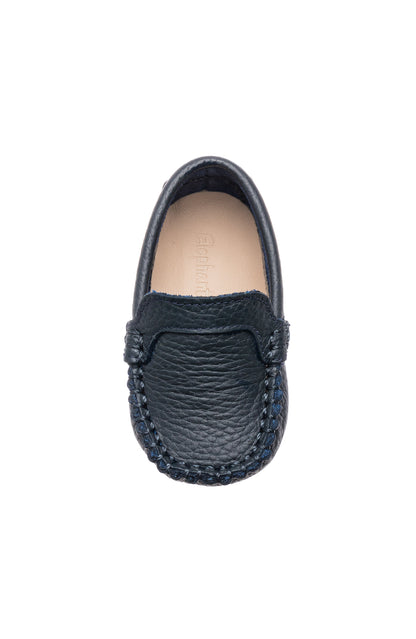 Navy blue leather baby moccasin with stitched detailing and soft inner lining.