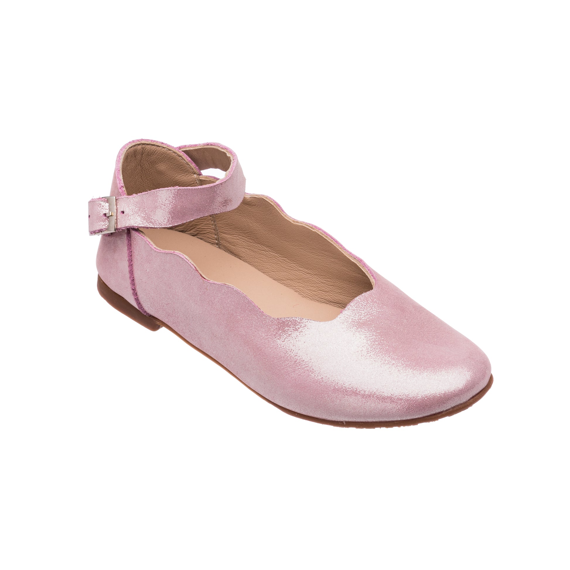 Pink satin toddler flat with scalloped edge and ankle strap buckle closure.
