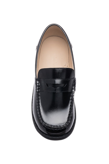 Black glossy leather moccasin for boys with penny loafer detail and rounded toe.