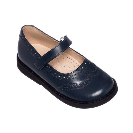 Navy blue leather Mary Jane shoe with perforated wingtip design and adjustable strap for girls.