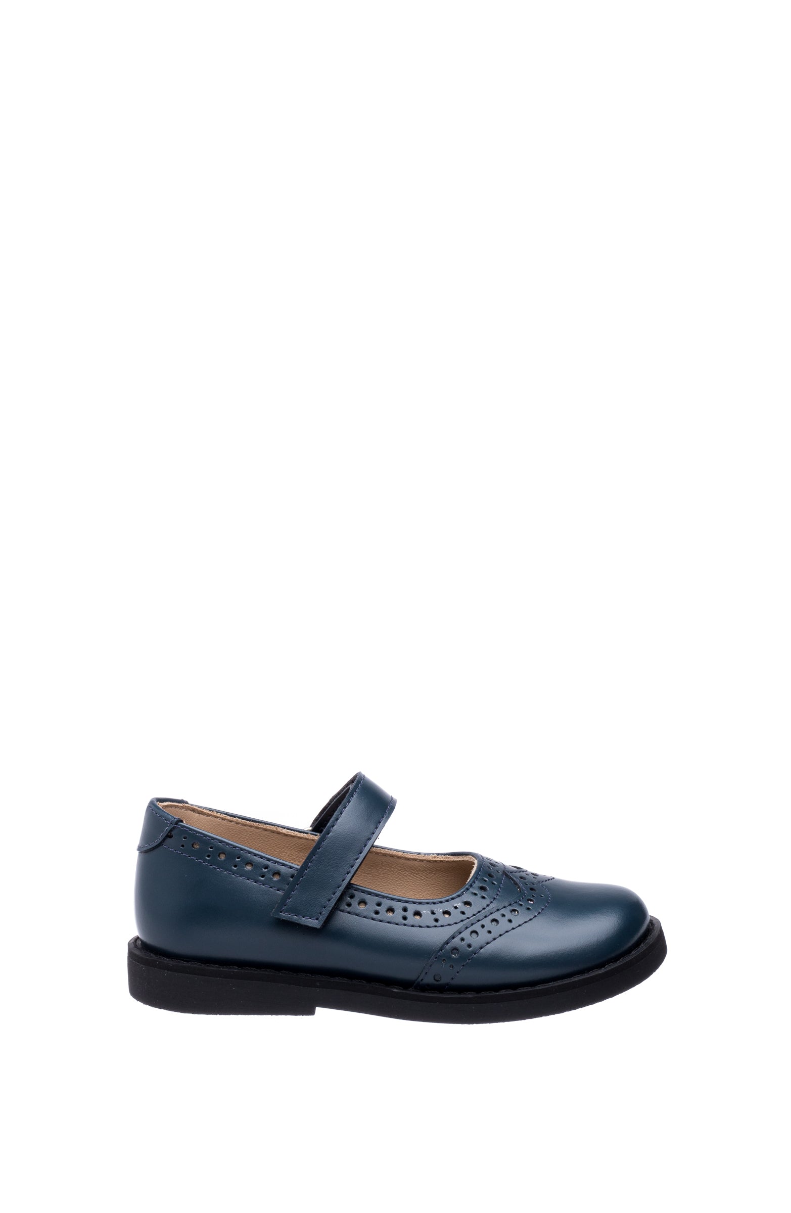 Navy blue Mary Jane shoe for children with perforated wingtip design and Velcro strap.