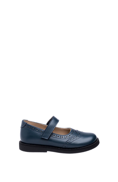 Navy blue Mary Jane shoe for children with perforated wingtip design and Velcro strap.