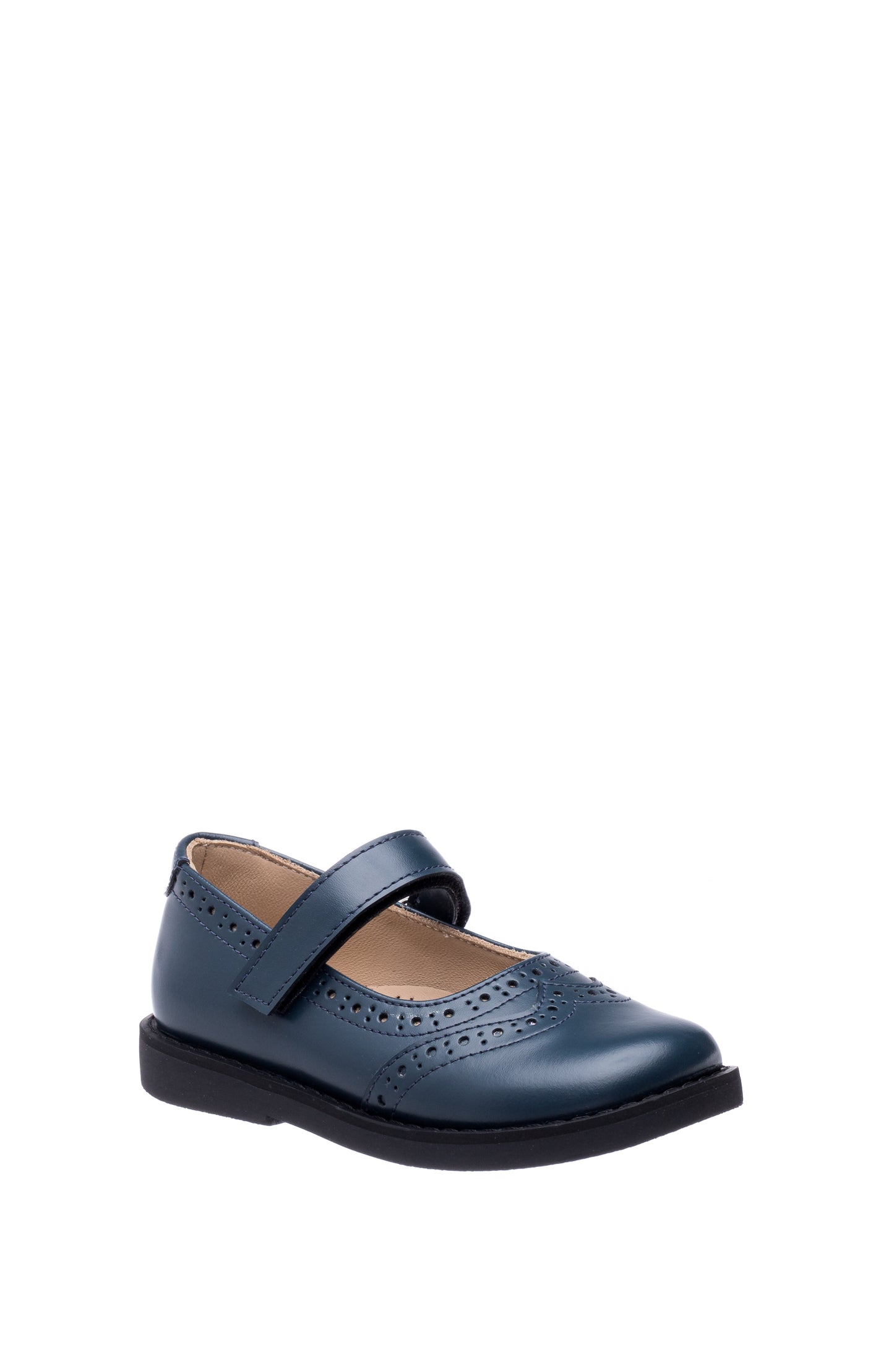 Navy blue leather Mary Jane shoe with perforated details and adjustable strap for girls.