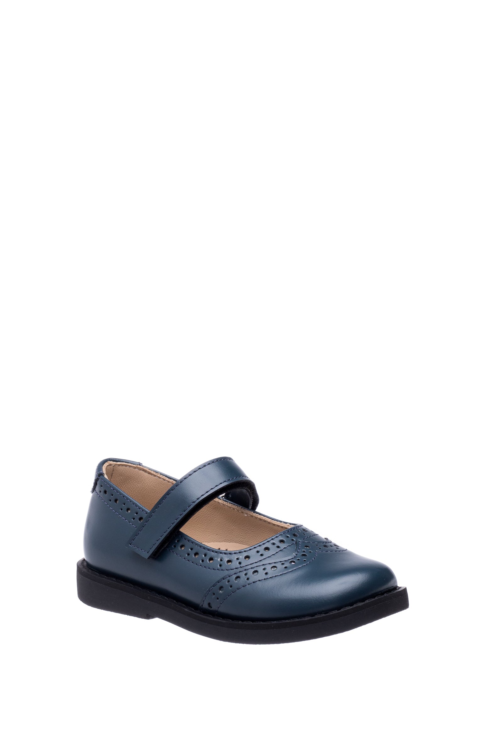 Navy blue leather Mary Jane shoe with perforated details and adjustable strap for girls.