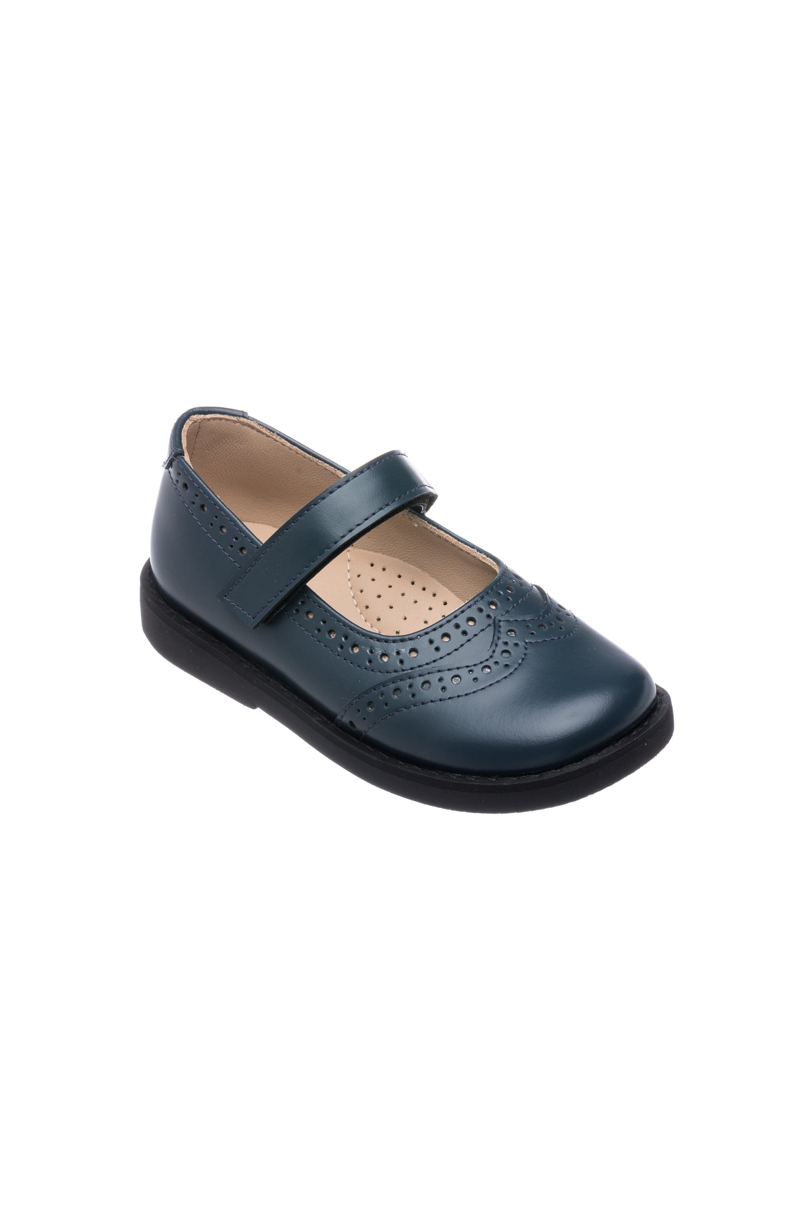 Navy blue leather Mary Jane with perforated details and Velcro strap for kids.