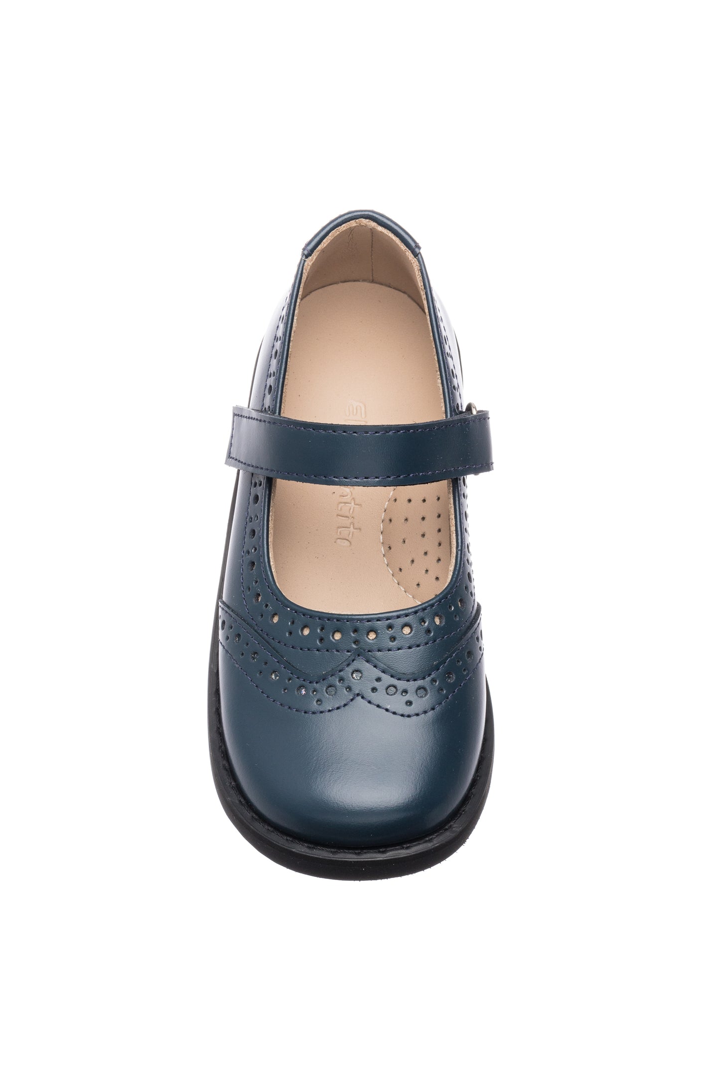 Navy blue leather Mary Jane shoe with perforated brogue detailing and velcro strap for girls.