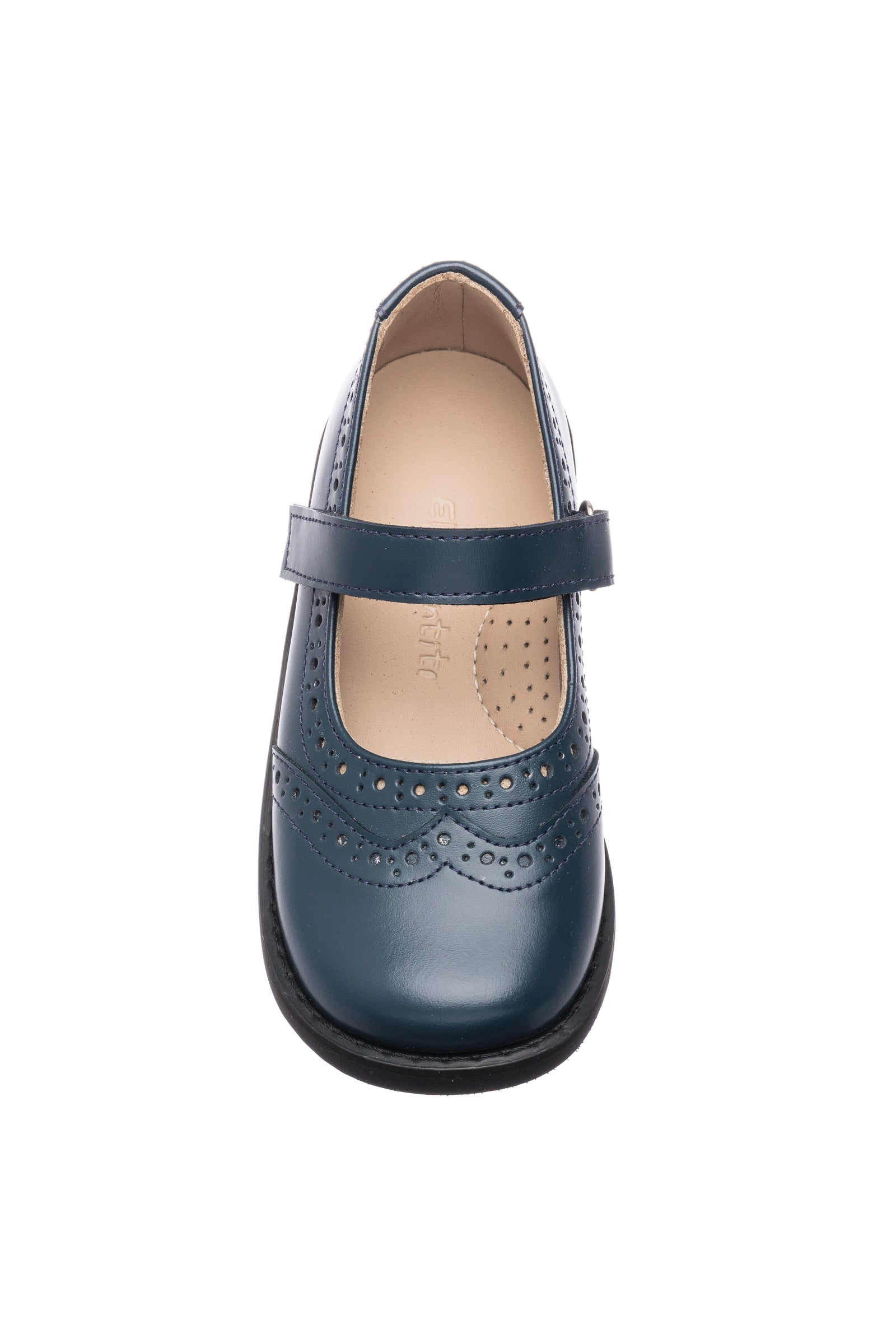 Navy blue leather Mary Jane shoe with perforated brogue detailing and velcro strap for girls.
