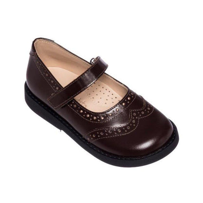 Brown leather girls Mary Jane shoe with decorative brogue detailing and Velcro strap.