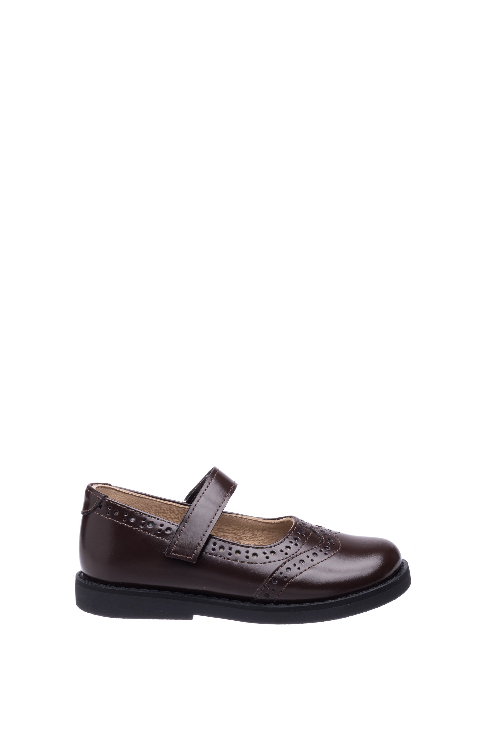 Brown leather Mary Jane shoe for girls with decorative perforations and a velcro strap.