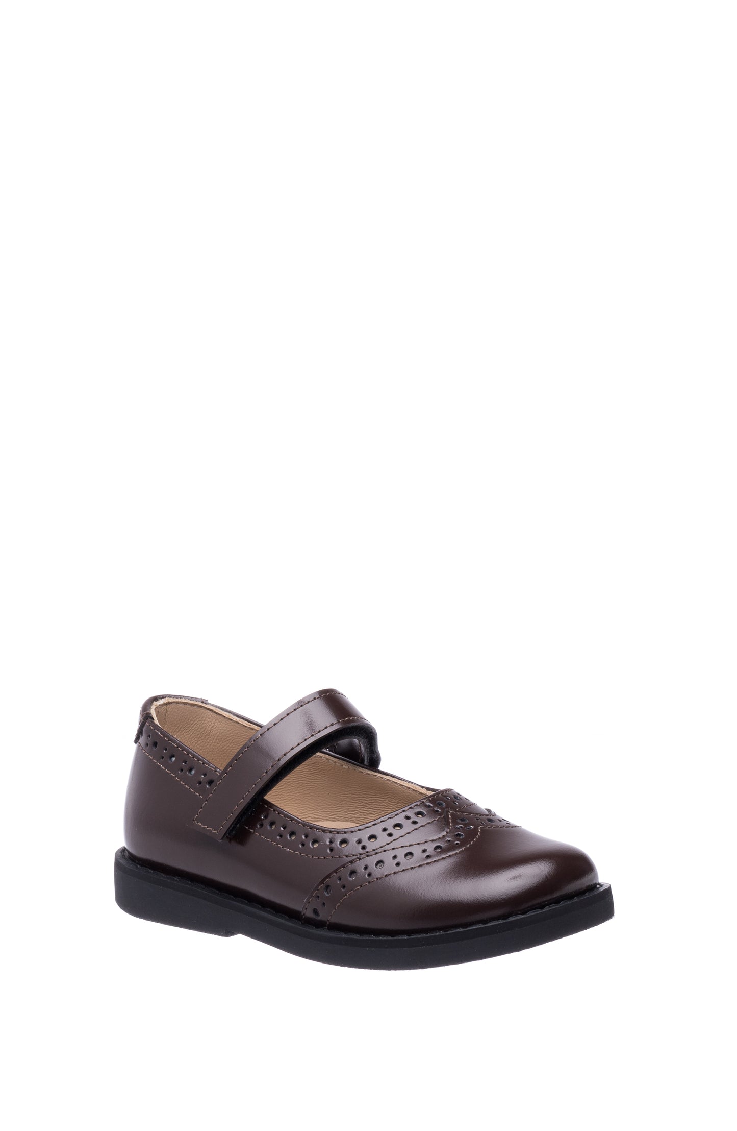 Brown leather girls Mary Jane shoe with perforated detailing and black sole.