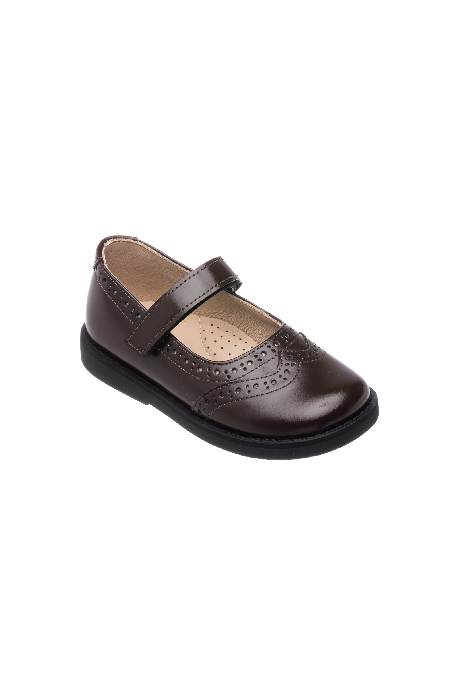 Brown leather Mary Jane shoe with wingtip perforated details and adjustable strap for girls.
