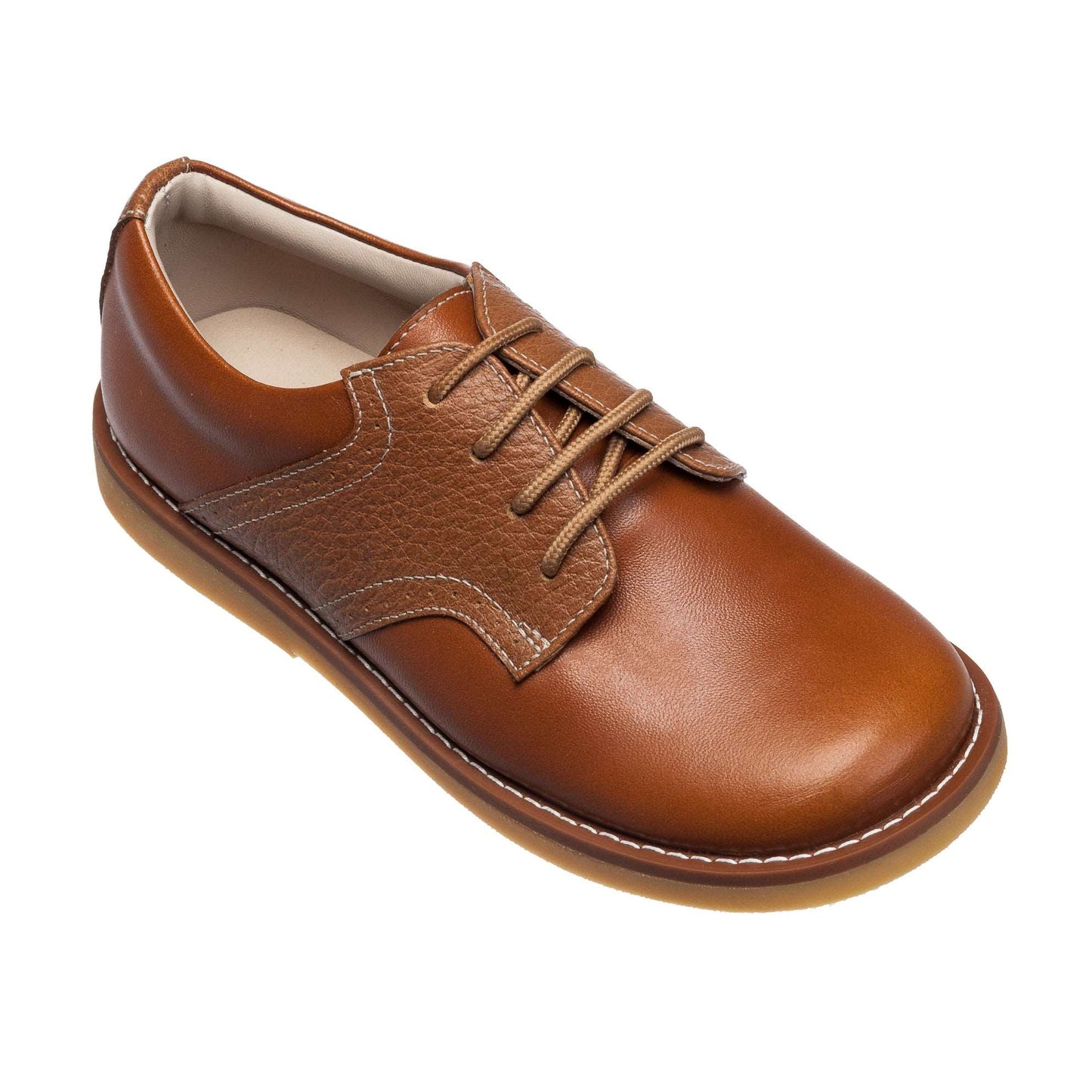 Brown leather kids' lace-up shoe with padded collar and stitched detailing.